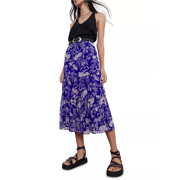 ba&sh Womens Uria Midi Skirt Small Violet Floral A-Line Tiered Lined Pur…
